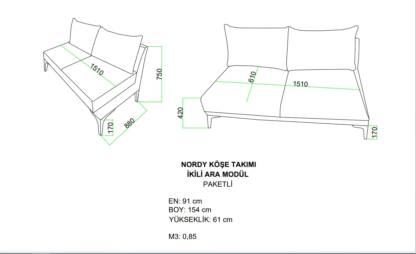 Nordy Köşe İkili Ara Modül | Çetmen Mobilya